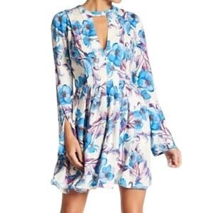 Free People Tegan Blue Floral Printed Cut Out Boho Long Sleeve Mini Dress, Sz 2